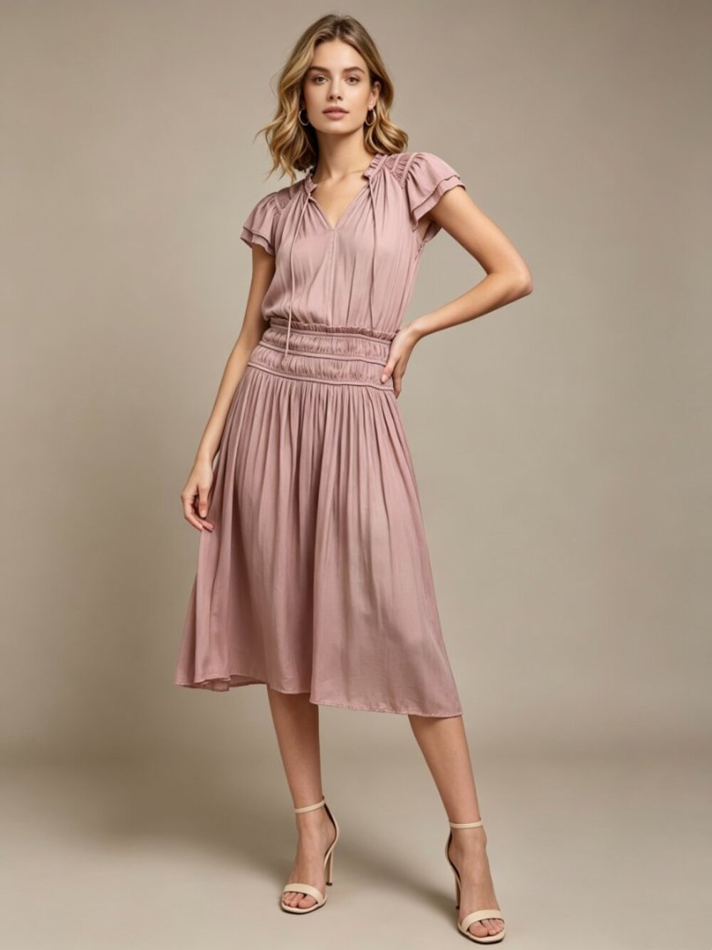 GRADE & GATHER V-NECK SATIN RUFFLE Midi DRESS IN DUSTY ORCHID Size L
